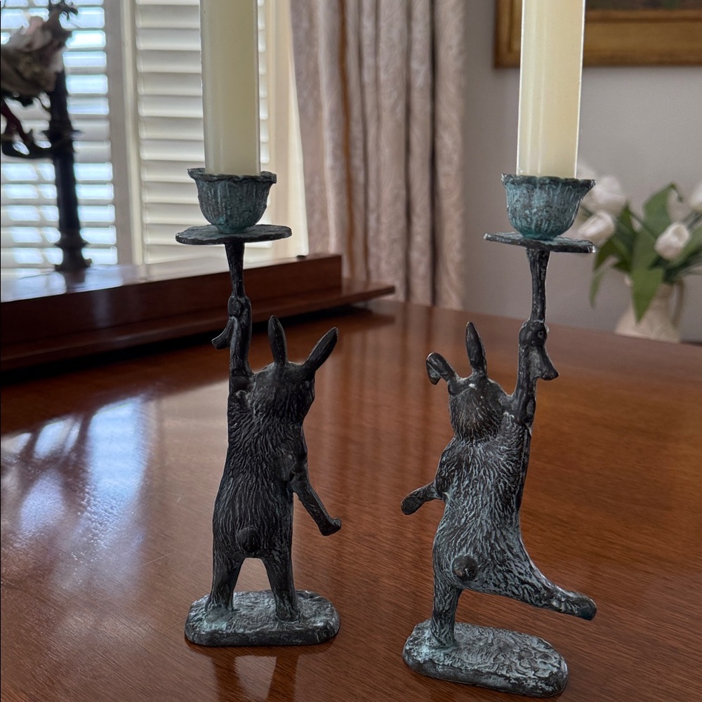 Verdigris Rabbit Candle Holders - Pair - Picture 4 of 10